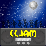CCJam logo with a group of silhouettes dancing below a disco ball.
